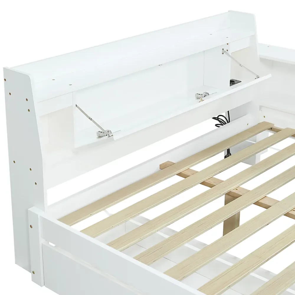 Fortuna lai Lit Polster 140x200 cm avec rangement latéral, 2 lampes, prise USB, bois blanc, moderne*Enfant Lit Enfant