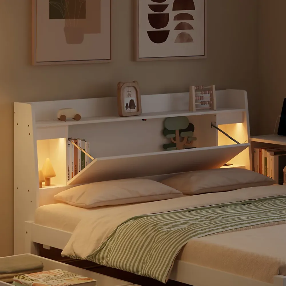 Fortuna lai Lit Polster 140x200 cm avec rangement latéral, 2 lampes, prise USB, bois blanc, moderne*Enfant Lit Enfant