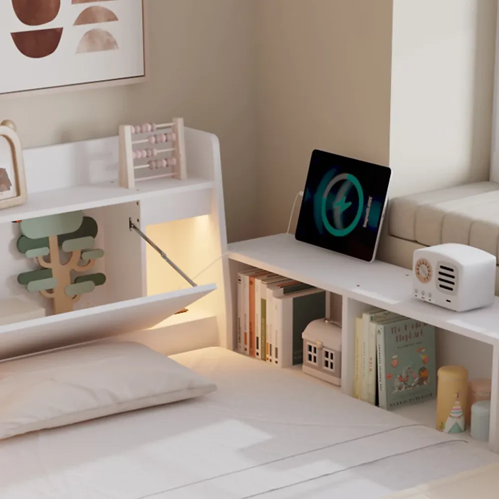 Fortuna lai Lit Polster 90x200 cm avec rangement latéral, 2 lampes, prise USB, bois blanc, design pratique*Enfant Lit Enfant