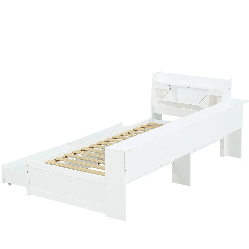 Fortuna lai Lit Polster 90x200 cm avec rangement latéral, 2 lampes, prise USB, bois blanc, design pratique*Enfant Lit Enfant