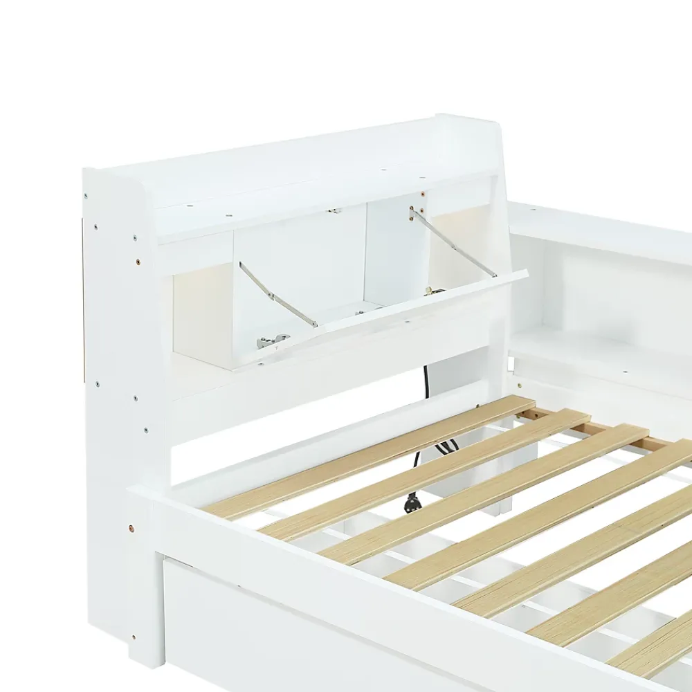 Fortuna lai Lit Polster 90x200 cm avec rangement latéral, 2 lampes, prise USB, bois blanc, design pratique*Enfant Lit Enfant