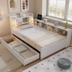 Fortuna lai Lit Polster 90x200 cm avec rangement latéral, 2 lampes, prise USB, bois blanc, design pratique*Enfant Lit Enfant