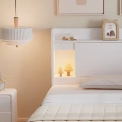 Fortuna lai Lit Polster 90x200 cm avec rangement latéral, 2 lampes, prise USB, bois blanc, design pratique*Enfant Lit Enfant