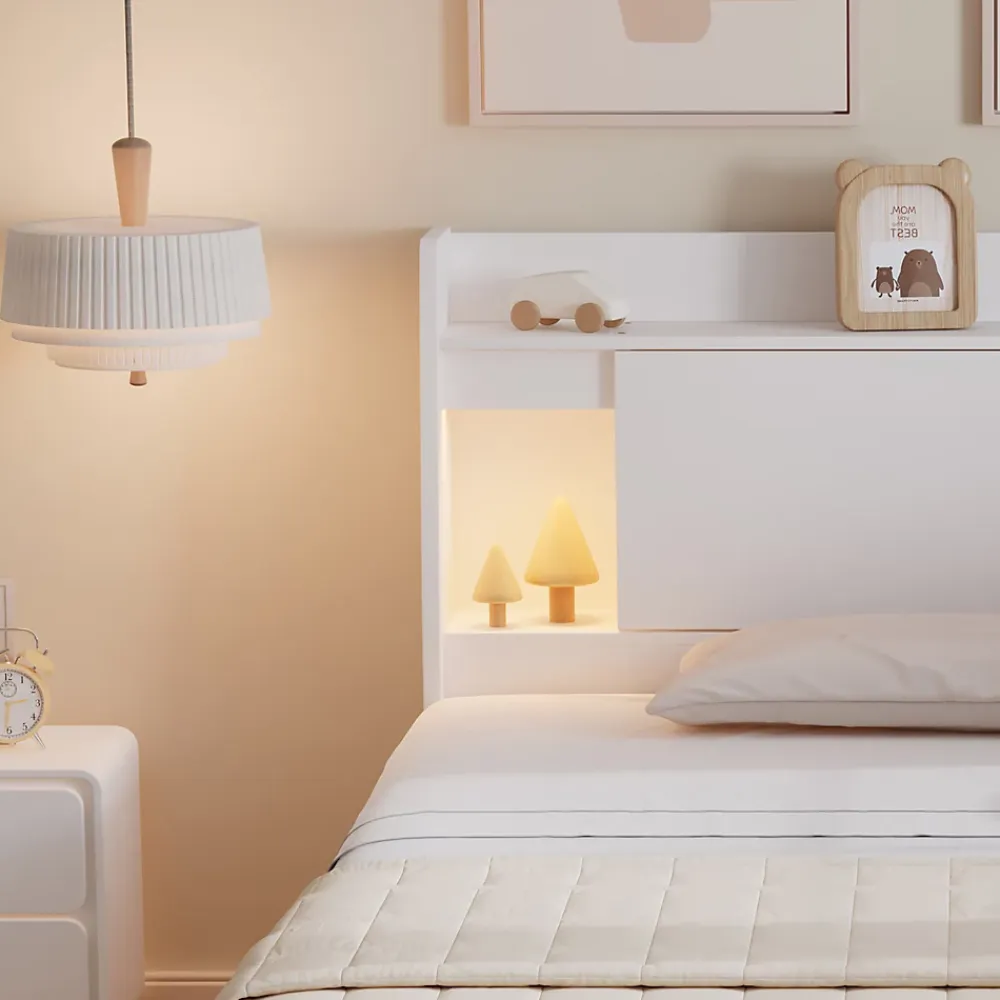 Fortuna lai Lit Polster 90x200 cm avec rangement latéral, 2 lampes, prise USB, bois blanc, design pratique*Enfant Lit Enfant