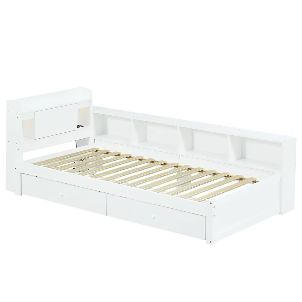Fortuna lai Lit Polster 90x200 cm avec rangement latéral, 2 lampes, prise USB, bois blanc, design pratique*Enfant Lit Enfant