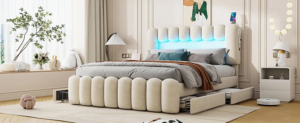 Lit Polster 160x200cm, Avec LED, USB, Stéréo, 4 Tiroirs, Beige>Fortuna lai Clearance