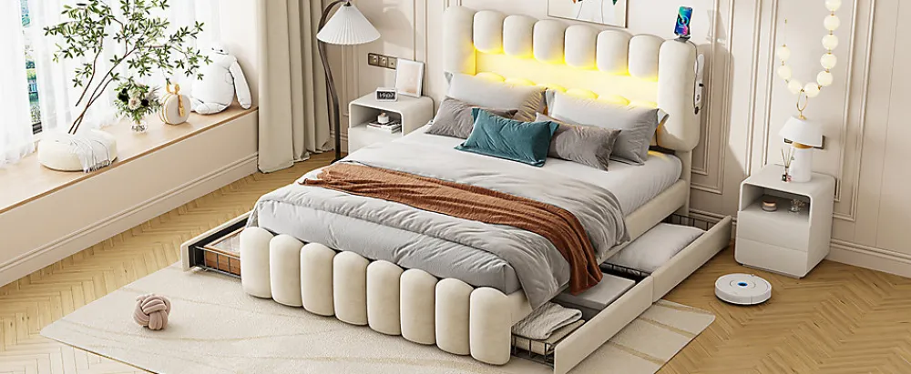 Lit Polster 160x200cm, Avec LED, USB, Stéréo, 4 Tiroirs, Beige>Fortuna lai Clearance
