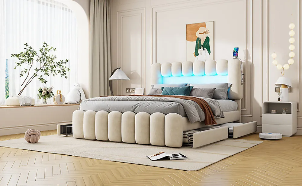 Lit Polster 160x200cm, Avec LED, USB, Stéréo, 4 Tiroirs, Beige>Fortuna lai Clearance
