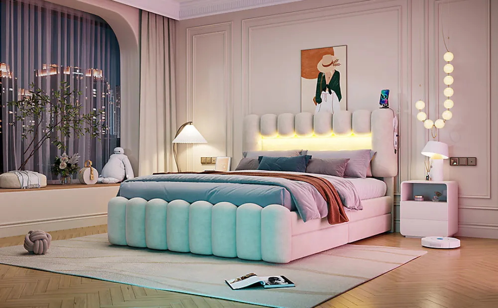 Lit Polster 160x200cm, Avec LED, USB, Stéréo, 4 Tiroirs, Beige>Fortuna lai Clearance