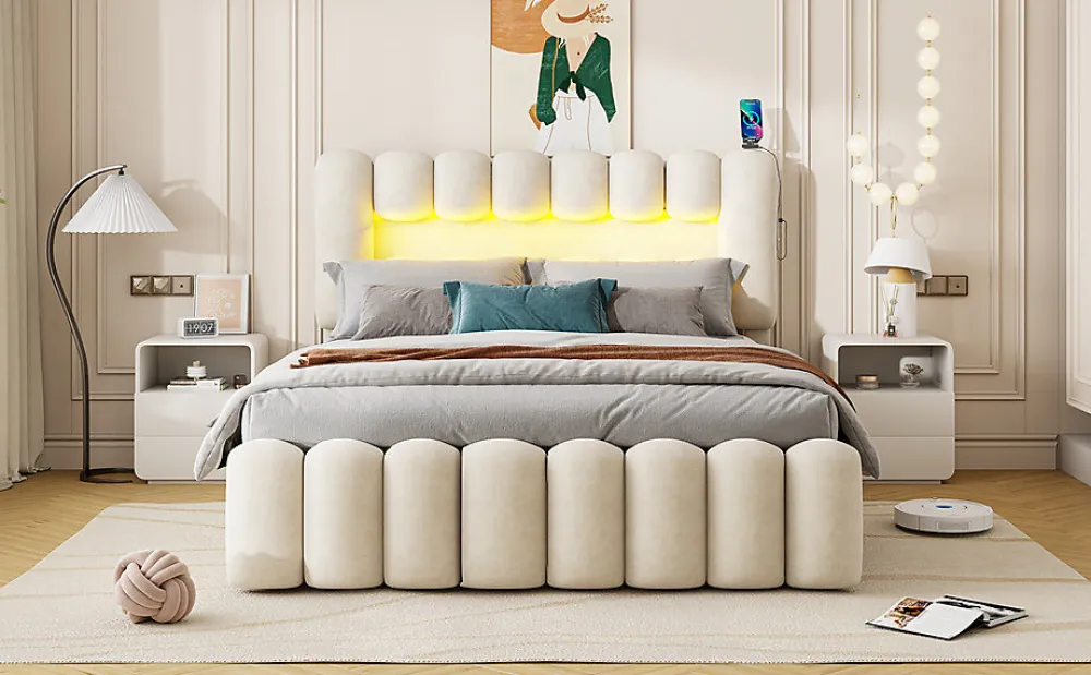 Lit Polster 160x200cm, Avec LED, USB, Stéréo, 4 Tiroirs, Beige>Fortuna lai Clearance
