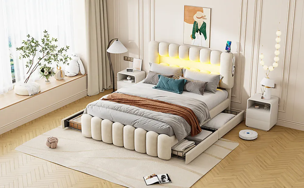 Lit Polster 160x200cm, Avec LED, USB, Stéréo, 4 Tiroirs, Beige>Fortuna lai Clearance
