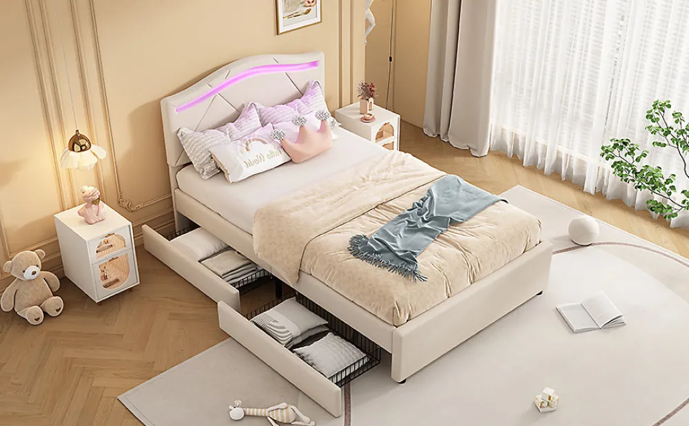Lit Polster 90x200cm, Éclairage Ambiant, Tiroirs, Tête Réglable, Lin, Beige>Fortuna lai Outlet