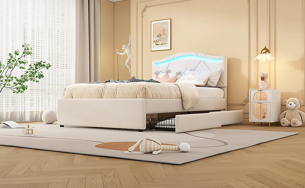 Lit Polster 90x200cm, Éclairage Ambiant, Tiroirs, Tête Réglable, Lin, Beige>Fortuna lai Outlet