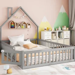 Lit Polster 140x190cm, Lit Enfant, Maison, Tête Réglable, Pin, Gris>Fortuna lai New