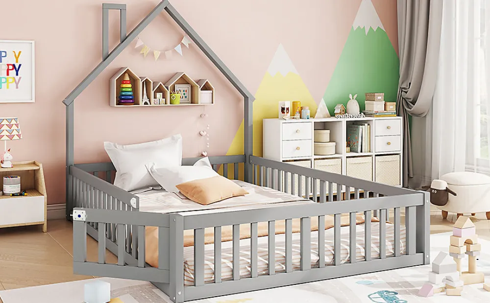 Lit Polster 140x190cm, Lit Enfant, Maison, Tête Réglable, Pin, Gris>Fortuna lai New