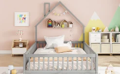 Lit Polster 140x190cm, Lit Enfant, Maison, Tête Réglable, Pin, Gris><noscript><img width=