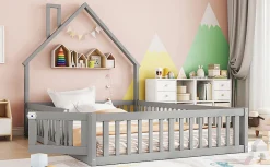 Lit Polster 140x190cm, Lit Enfant, Maison, Tête Réglable, Pin, Gris><noscript><img width=