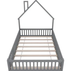 Lit Polster 140x190cm, Lit Enfant, Maison, Tête Réglable, Pin, Gris><noscript><img width=