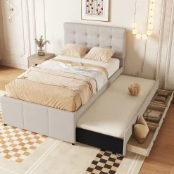 Fortuna lai Lit Polster 90x200cm, Lit Familial, Tiroirs, Lit Escamotable, Tête Réglable, Beige*Enfant Lit Enfant