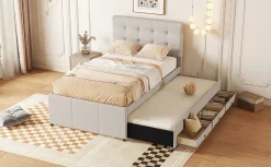 Fortuna lai Lit Polster 90x200cm, Lit Familial, Tiroirs, Lit Escamotable, Tête Réglable, Beige*Enfant Lit Enfant