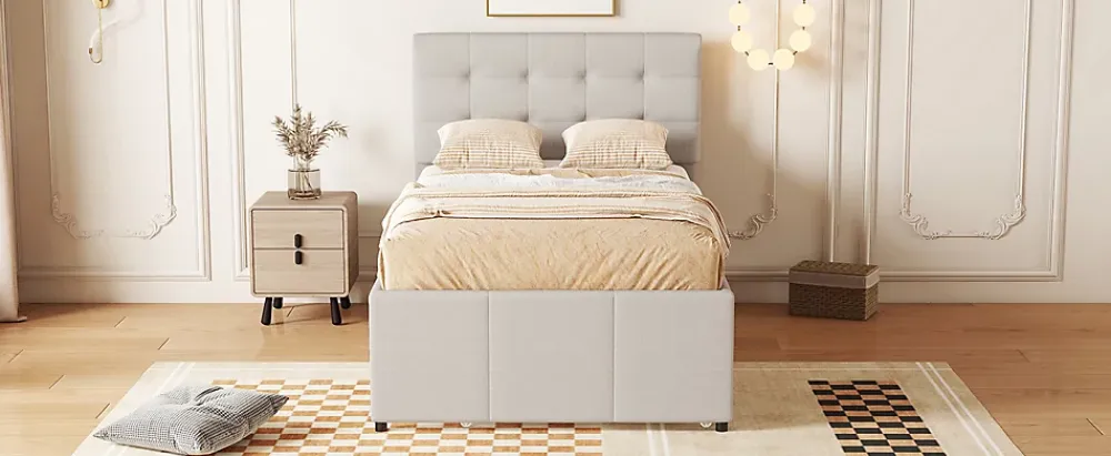 Fortuna lai Lit Polster 90x200cm, Lit Familial, Tiroirs, Lit Escamotable, Tête Réglable, Beige*Enfant Lit Enfant