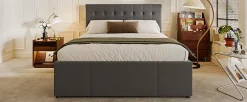 Lit Polster 140x200cm, Lit Familial, Tête Réglable, Grand Rangement, Gris><noscript><img width=