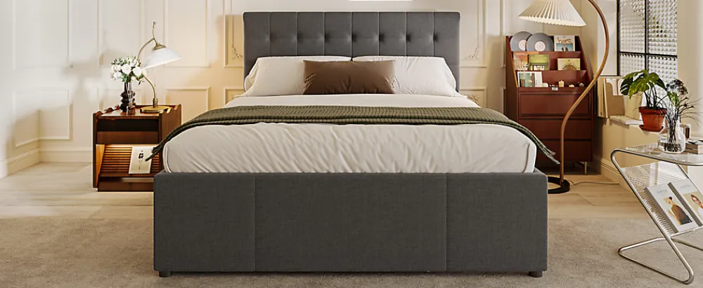 Lit Polster 140x200cm, Lit Familial, Tête Réglable, Grand Rangement, Gris>Fortuna lai Online