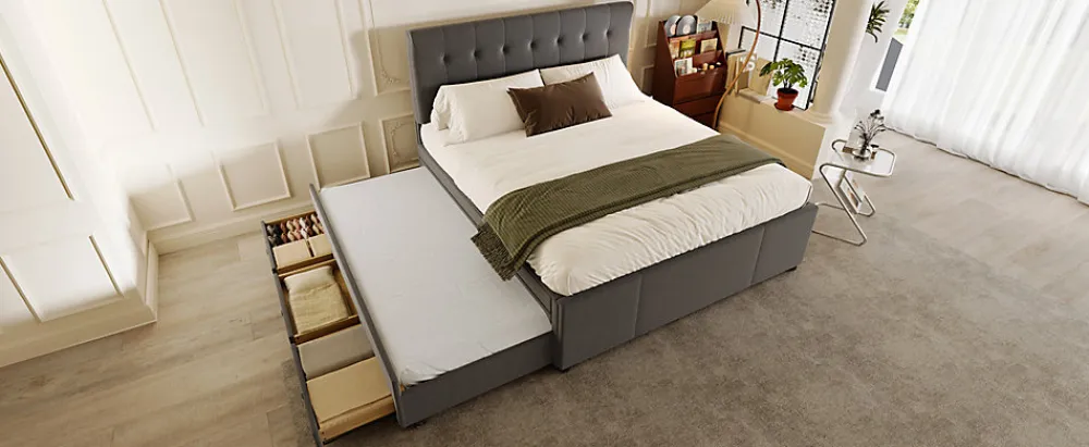 Lit Polster 140x200cm, Lit Familial, Tête Réglable, Grand Rangement, Gris>Fortuna lai Online