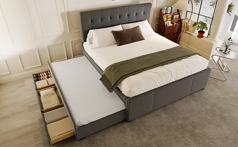 Lit Polster 140x200cm, Lit Familial, Tête Réglable, Grand Rangement, Gris>Fortuna lai Online