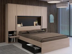 Lit pont 160 x 200 cm avec rangements - Avec LEDs - Coloris : Naturel et noir - VELONA>Vente-unique