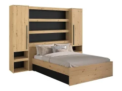 Lit pont 140 x 190/200 cm avec rangements - Avec LEDs - Coloris : Naturel et noir - VARLY>Vente-unique Clearance