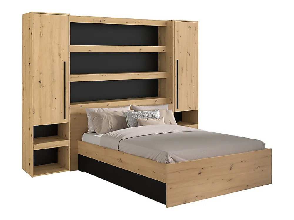 Lit pont 140 x 190/200 cm avec rangements - Avec LEDs - Coloris : Naturel et noir - VARLY>Vente-unique Clearance