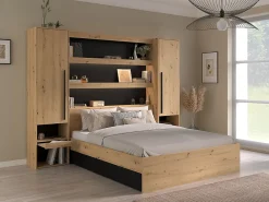 Lit pont 140 x 190/200 cm avec rangements - Avec LEDs - Coloris : Naturel et noir - VARLY>Vente-unique Clearance