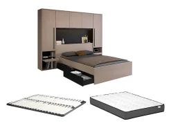 Vente-unique Lit pont 160 x 200 cm avec rangements - Avec LEDs - Coloris : Naturel et noir + Sommier + Matelas - VELONA* Lit Avec Rangement