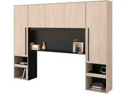 Vente-unique Lit pont 160 x 200 cm avec rangements - Avec LEDs - Coloris : Naturel et noir + Sommier + Matelas - VELONA* Lit Avec Rangement