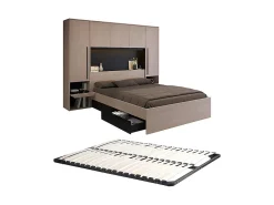 Lit pont 140 x 190 cm avec rangements - Avec LEDs - Coloris : Naturel et noir + Sommier - VELONA>Vente-unique Online