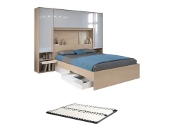 Vente-unique Lit pont 160 x 200 cm avec rangements - avec LEDs - Coloris : Naturel et blanc brillant + Sommier - VELONA* Lit Avec Rangement