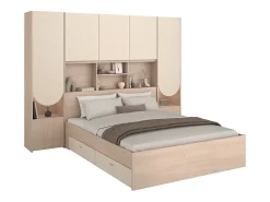 Vente-unique Lit pont 160 x 200 cm avec rangements - Avec LEDs - Coloris : Beige et naturel - DOMELITO* Lit Avec Rangement