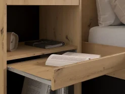 Vente-unique Lit pont 160 x 200 cm avec rangements - Avec LEDs - Coloris : Naturel et noir + Sommier - VARLY* Lit Avec Rangement