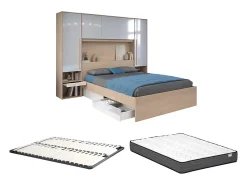 Lit pont 140 x 190 cm avec rangements - avec LEDs - Coloris : Naturel et blanc brillant + Sommier + Matelas - VELONA>Vente-unique Best
