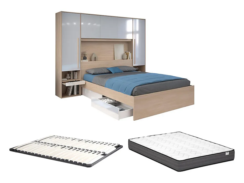 Lit pont 140 x 190 cm avec rangements - avec LEDs - Coloris : Naturel et blanc brillant + Sommier + Matelas - VELONA>Vente-unique Best