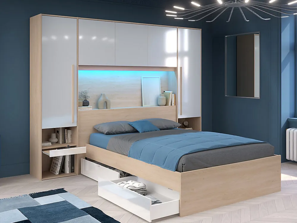 Lit pont 140 x 190 cm avec rangements - avec LEDs - Coloris : Naturel et blanc brillant + Sommier + Matelas - VELONA>Vente-unique Best