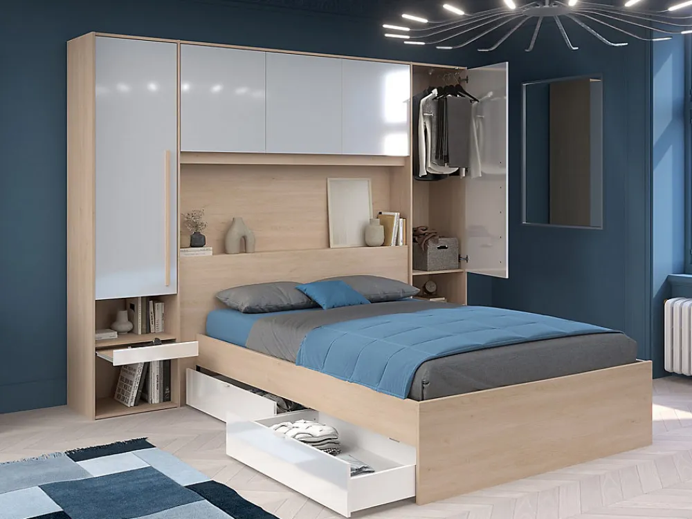 Lit pont 140 x 190 cm avec rangements - avec LEDs - Coloris : Naturel et blanc brillant + Sommier + Matelas - VELONA>Vente-unique Best