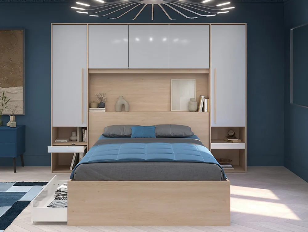 Lit pont 140 x 190 cm avec rangements - avec LEDs - Coloris : Naturel et blanc brillant + Sommier + Matelas - VELONA>Vente-unique Best