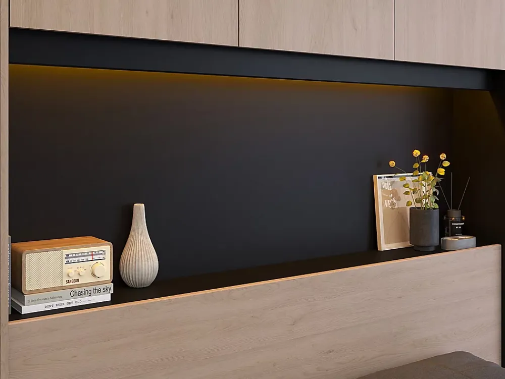 Vente-unique Lit pont 160 x 200 cm avec rangements - Avec LEDs - Coloris : Naturel et noir + Sommier - VELONA* Lit Avec Rangement