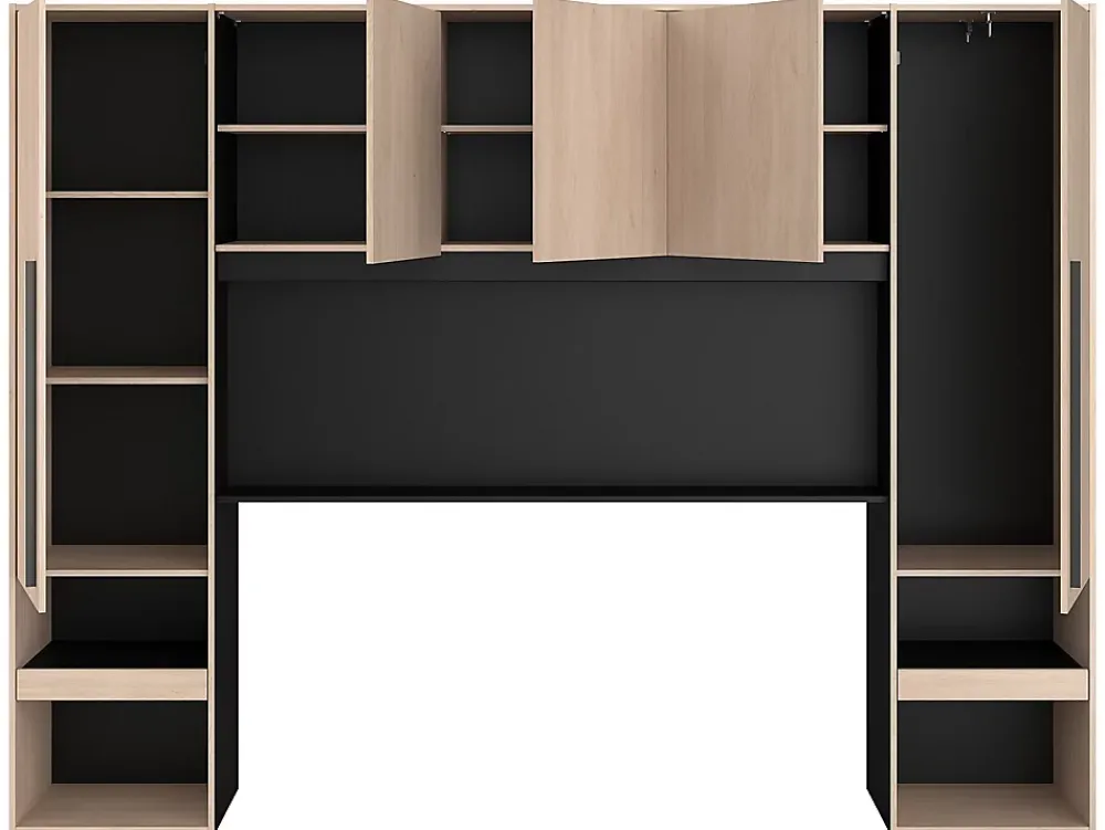Vente-unique Lit pont 160 x 200 cm avec rangements - Avec LEDs - Coloris : Naturel et noir + Sommier - VELONA* Lit Avec Rangement