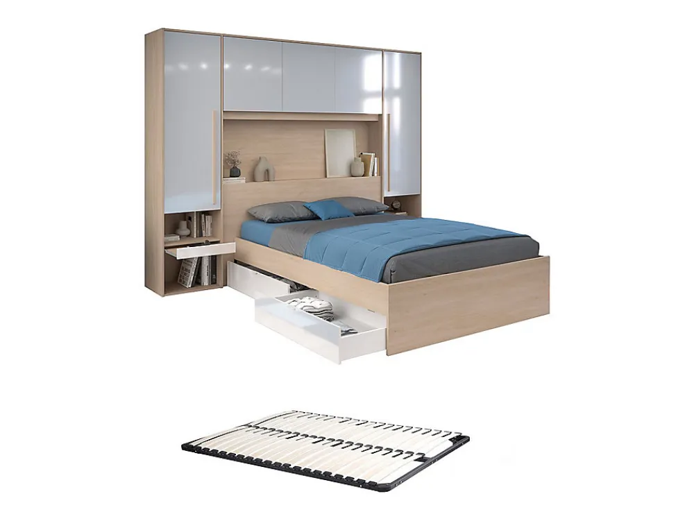 Lit pont 140 x 190 cm avec rangements - avec LEDs - Coloris : Naturel et blanc brillant + Sommier - VELONA>Vente-unique Sale