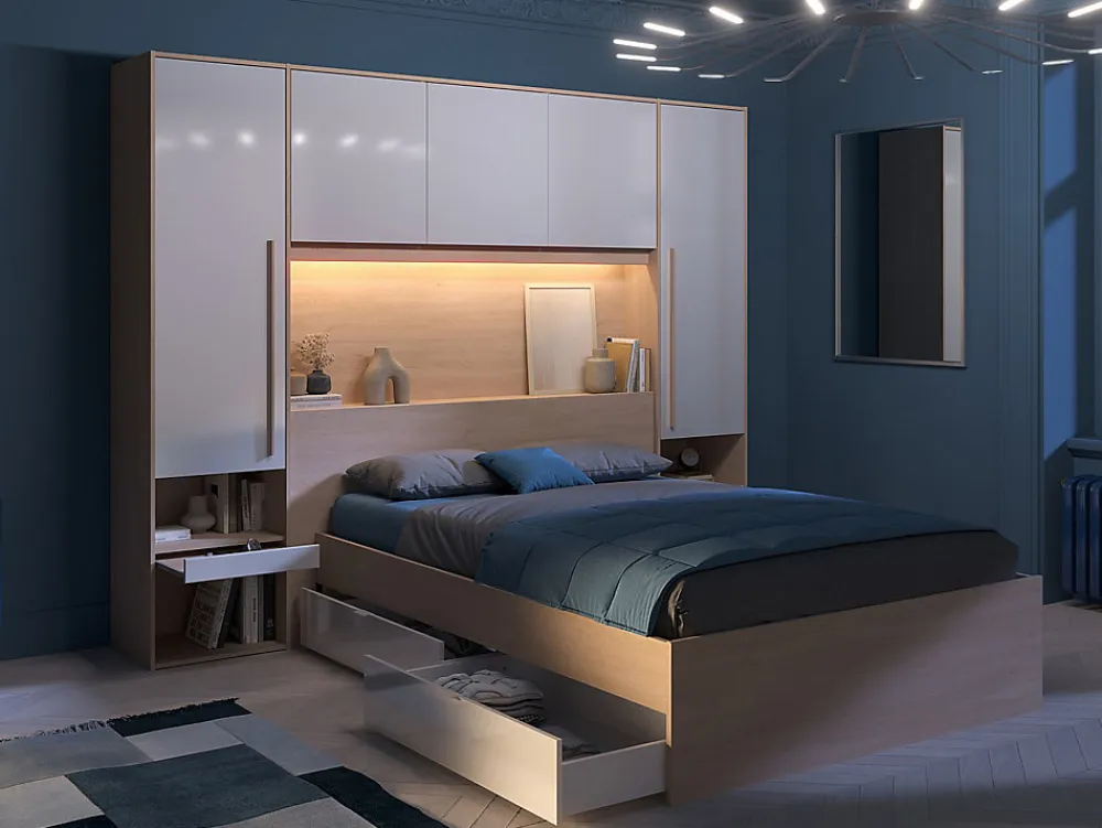 Lit pont 140 x 190 cm avec rangements - avec LEDs - Coloris : Naturel et blanc brillant + Sommier - VELONA>Vente-unique Sale