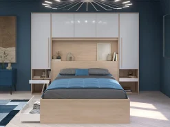 Lit pont 140 x 190 cm avec rangements - avec LEDs - Coloris : Naturel et blanc brillant + Sommier - VELONA><noscript><img width=