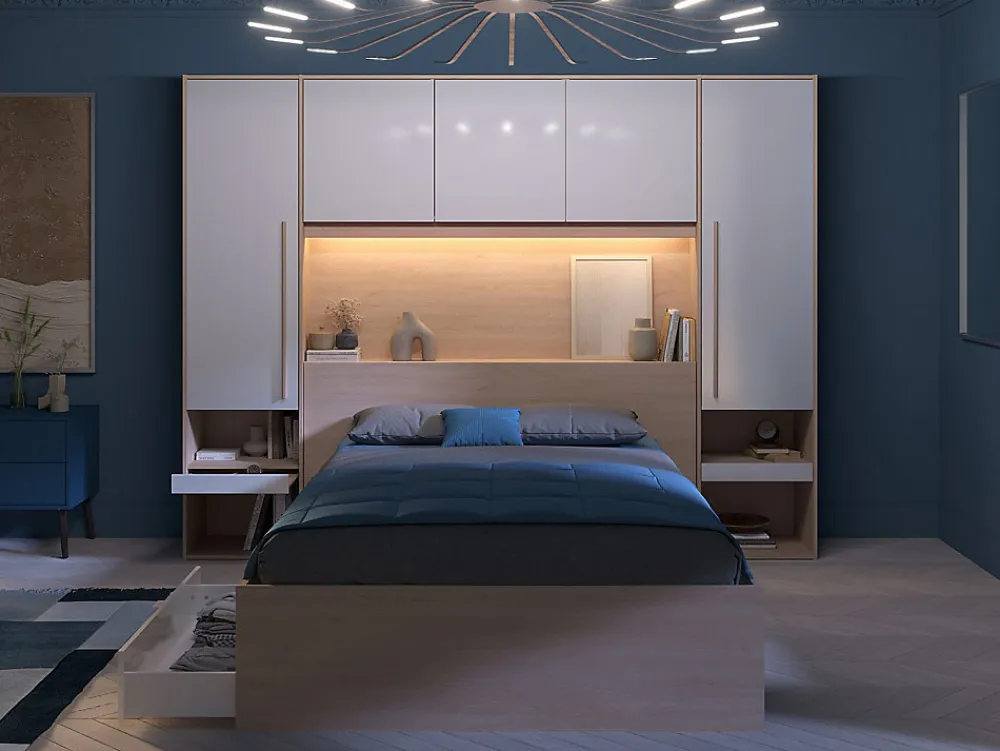 Lit pont 140 x 190 cm avec rangements - avec LEDs - Coloris : Naturel et blanc brillant + Sommier - VELONA>Vente-unique Sale